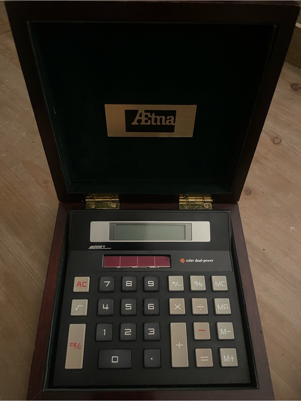 AlCraft Vintage  Black and Brown Solar-Powered Calculator in Walnut Case